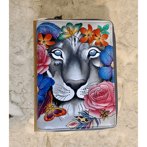 Anuschka Hand Painted Wallet Organizer Wallet Lion - Picture 1 of 8